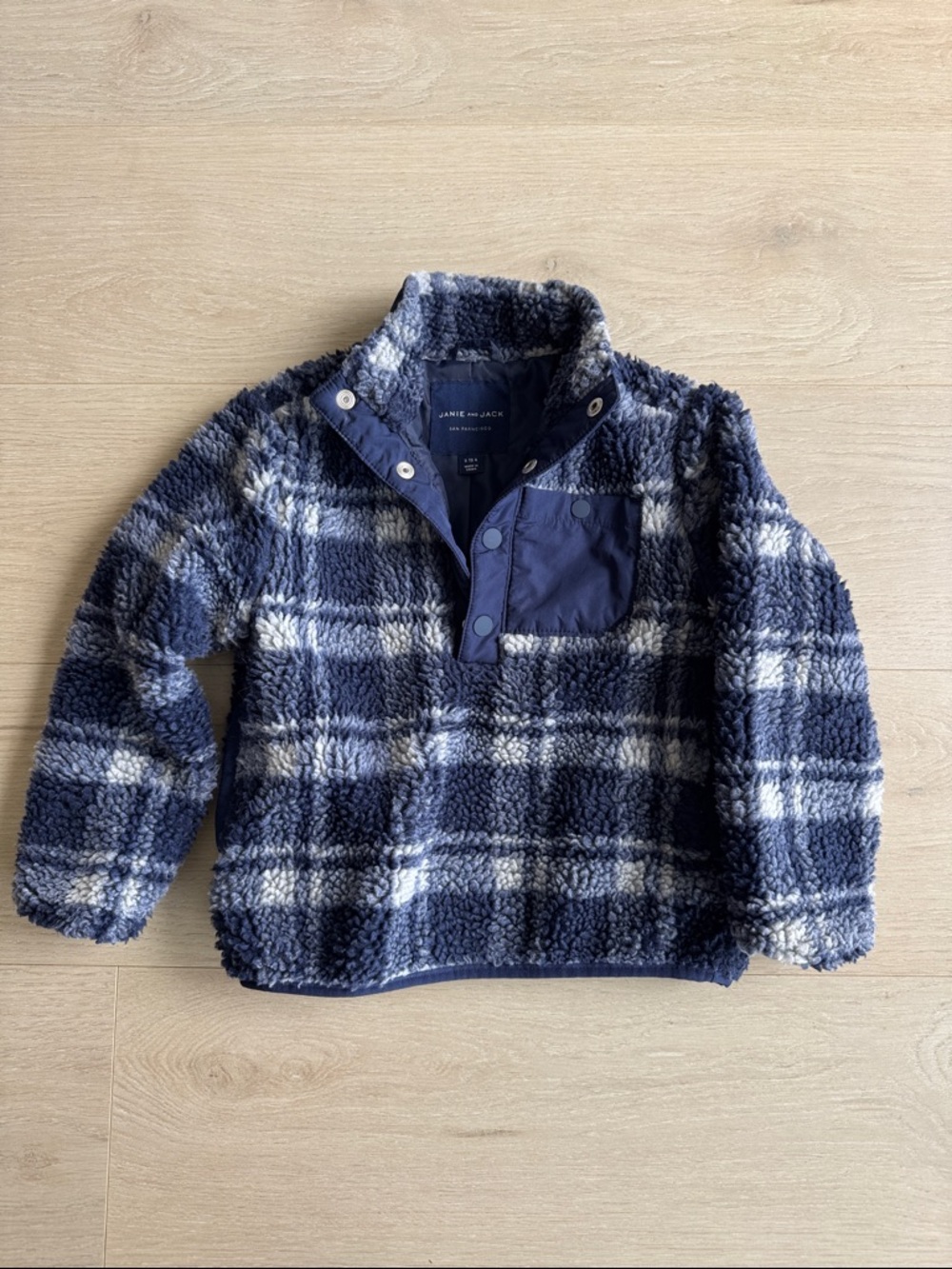 Janie and Jack Navy and White Plaid Sherpa Snap Pullover